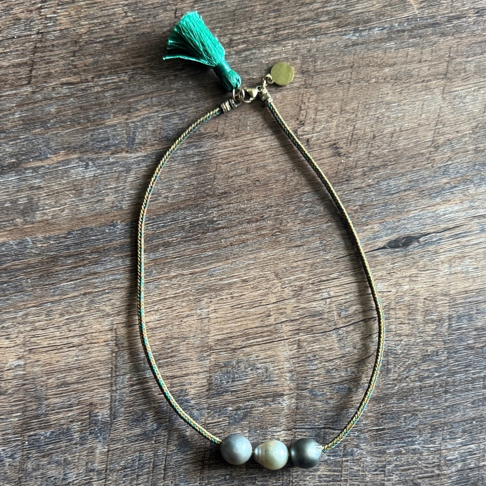 South Seas Pearl on Woven Blue/Green Cord with Tassle